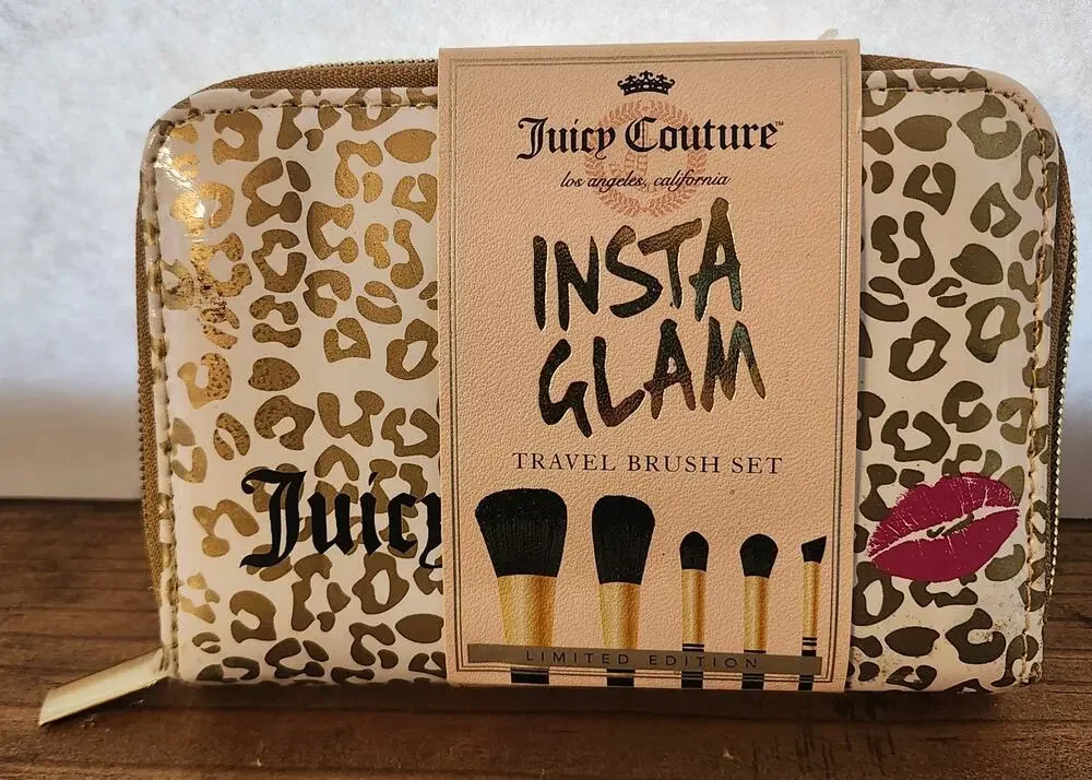 Juicy Couture Insta Glam Limited Edition Travel Brush Set Leopard Zip Case NWT